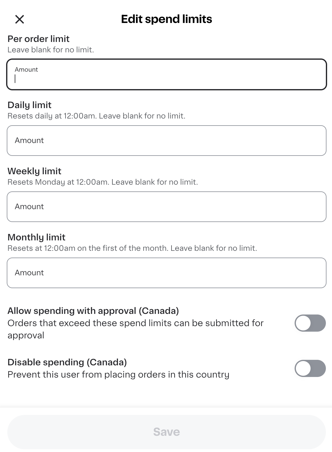 Shows an Edit spend limits screen with blank amount fields for per order, daily, weekly, and monthly limits. Includes an Allow spending with approval toggle and a Disable spending toggle, plus a Save button.